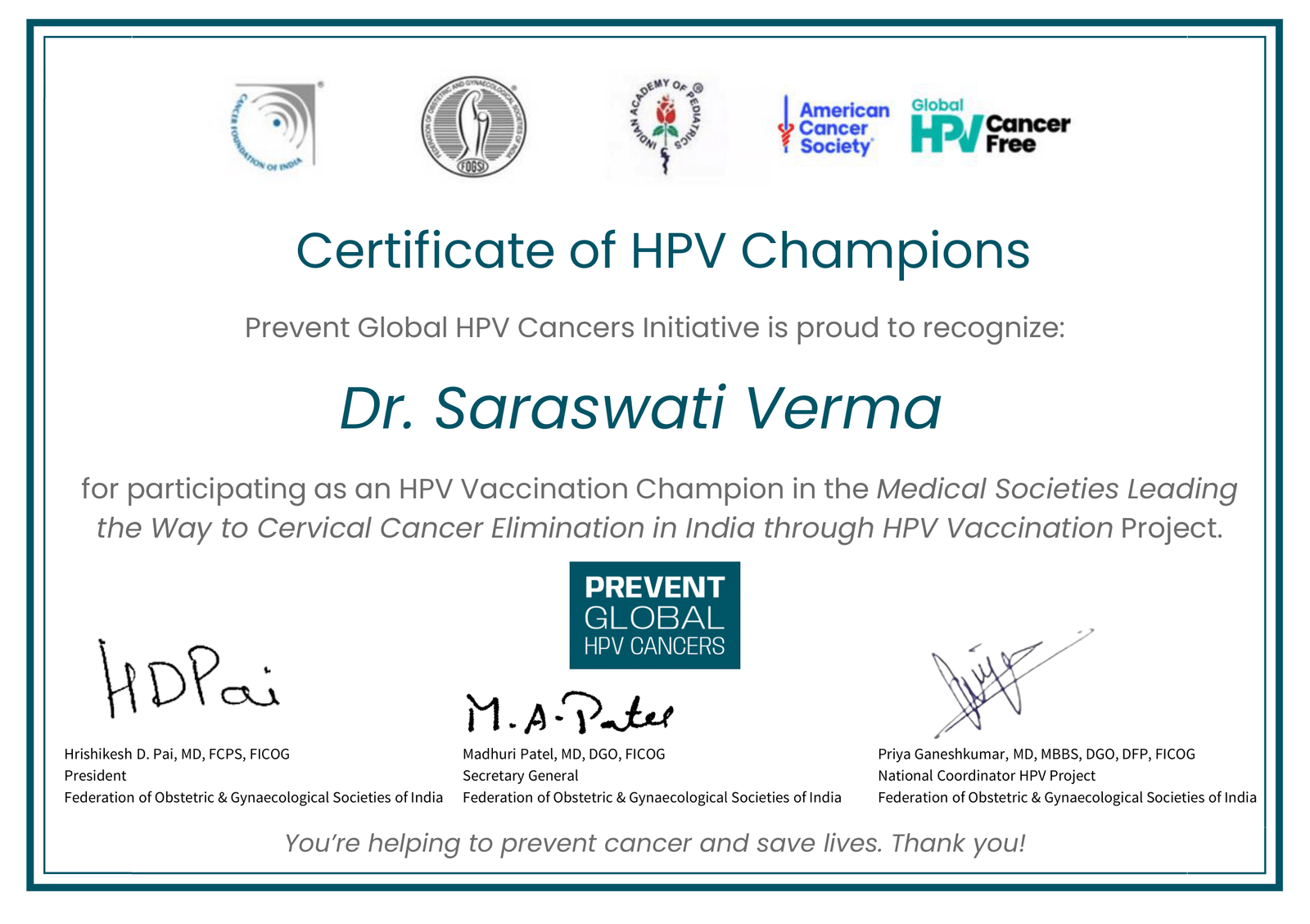 Certificate Of HPV Champions